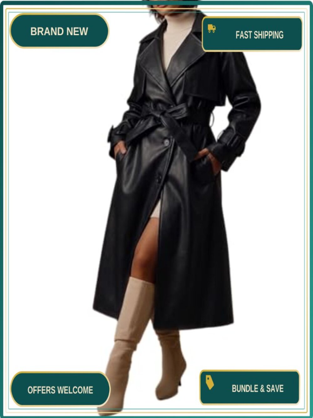 Faux Leather Classic Lapel Belted Loose Trench Coat